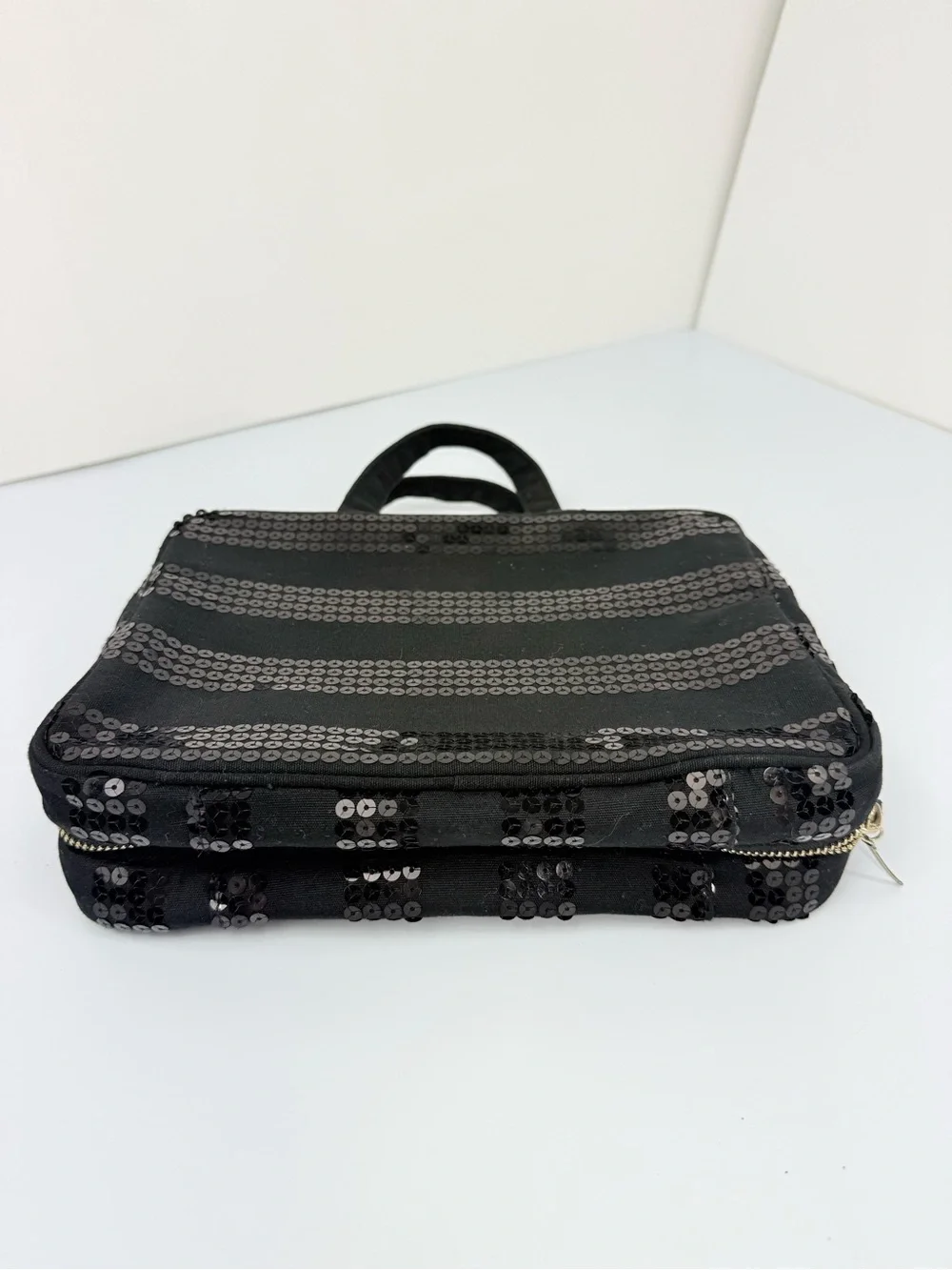 Victoria's Secret Black Canvas Sequin Stripe Double Handle Zip Toiletry Bag